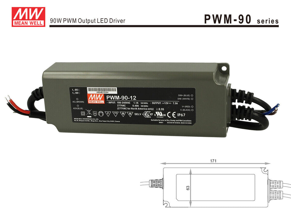 Alimentatore Led Meanwell PWM-90-12 Dimmerabile 90W 12V IP67 Dimming 3 in 1