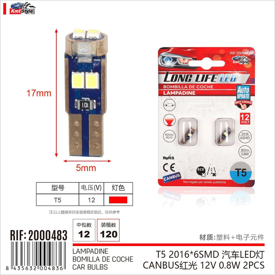 8 Pezzi Lampada Led T5 W2X4.6D W1,2W W3W 6 SMD 3030 12V 80lm 0.8W Luce Rosso