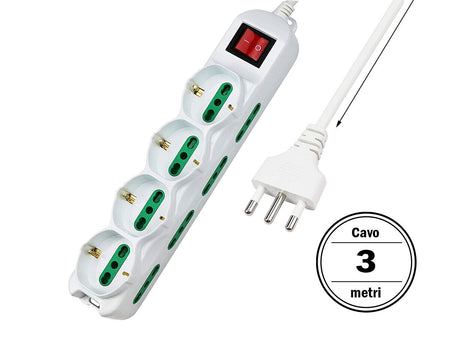 Multipresa Ciabatta Elettrica Cavo 3M Con 12 Posti 4 Prese Schuko 10/16A + 8 Pr
