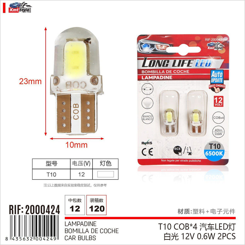 8 Pezzi Lampada Led T10 COBx4 12V 0.6W 40lm Bianco Freddo 6500K <ul><li>Lampada