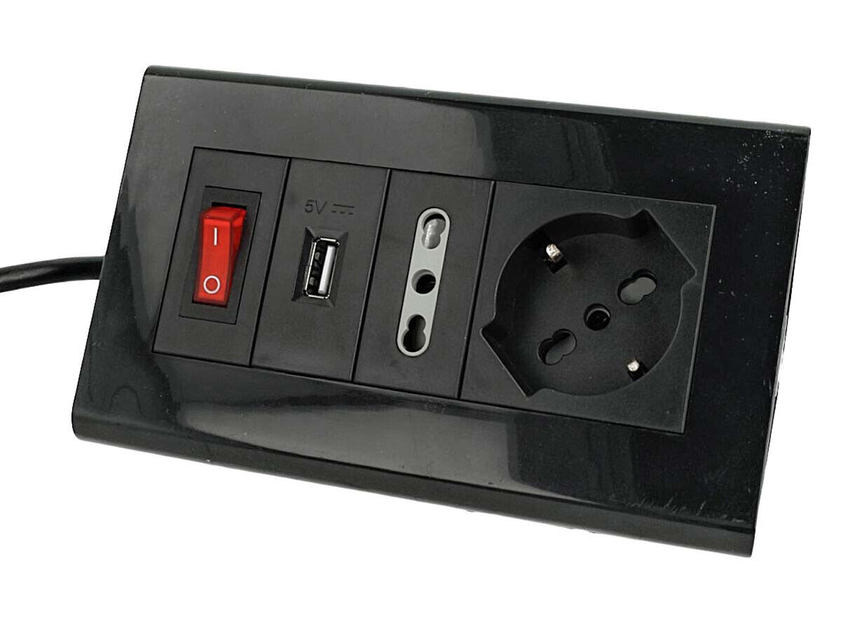 Multipresa Da Tavolo Con USB Nero 1 Presa Schuko Bipasso 10/16A Interruttore