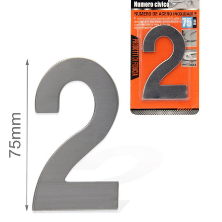 Numero Civico Adesivo 2 in Acciaio Inossidabile Colore Cromato 75mm <ul><li