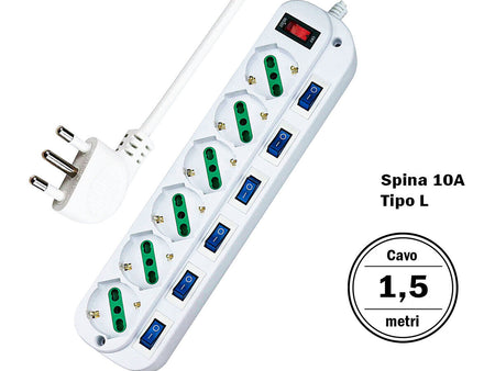 Multipresa Ciabatta Elettrica Con 6 Posti Prese Schuko 10/16A + 7 Interruttori