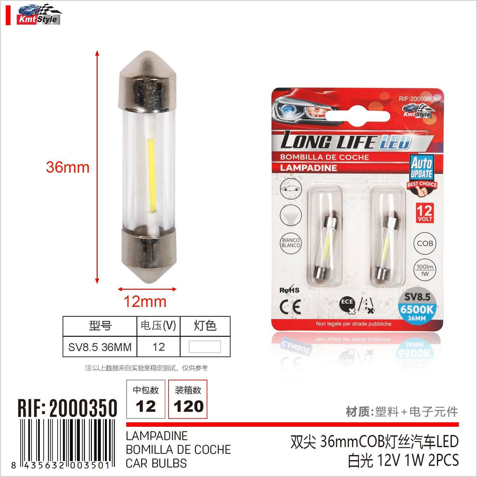 8 Pezzi Lampada Led Siluro SV8.5 COB C5W C10W 12V 1W 36mm 100lm Bianco Freddo