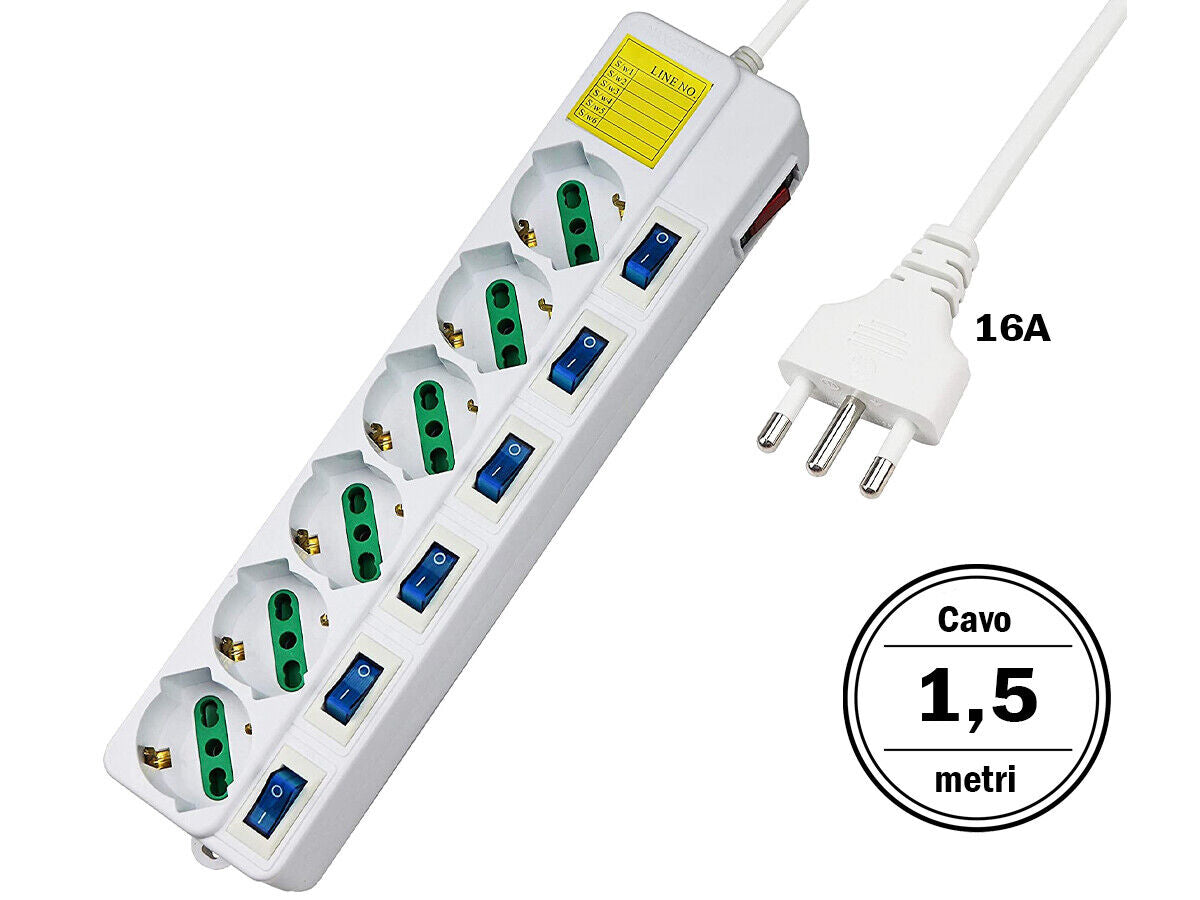 Multipresa Ciabatta Elettrica Con 6 Posti Prese Schuko 10/16A + 7 Interruttori