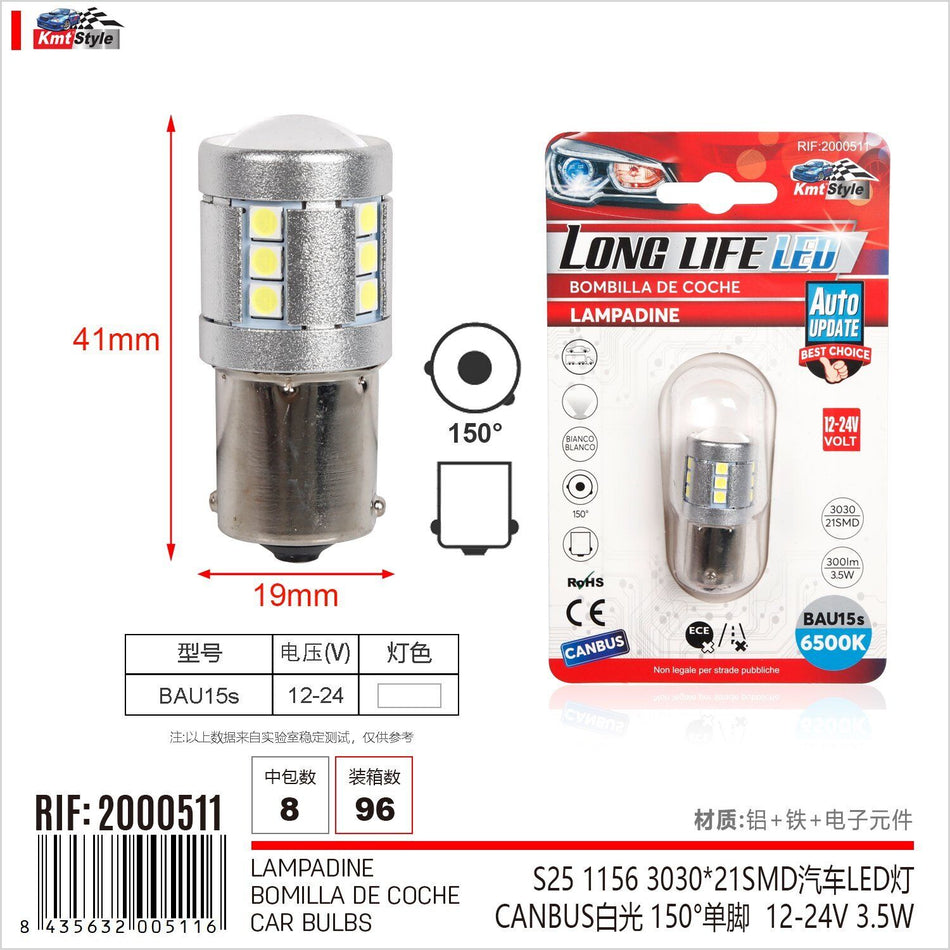 2 Pezzi Lampada Led BAU15S S25 PY21W 21 SMD 3030 12V 24V 300lm 3.5W Bianco