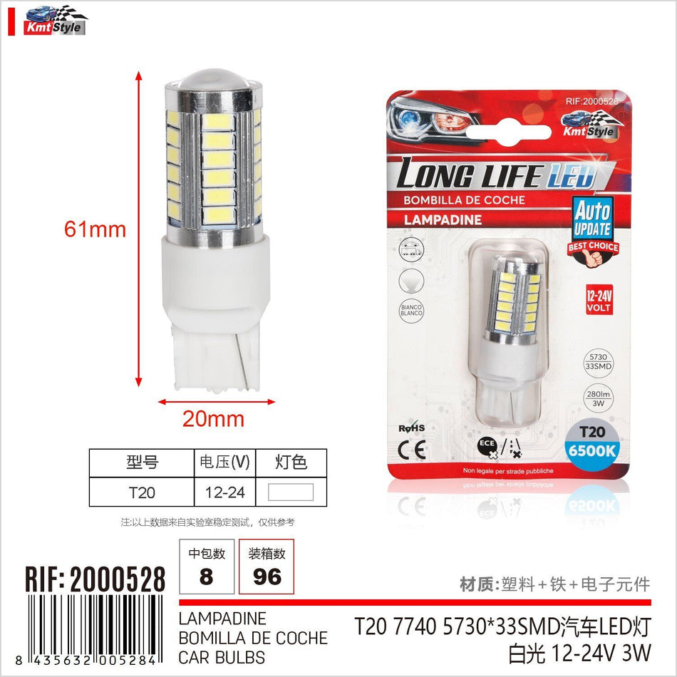 2 Pezzi Lampada Led T10 W21W 33 SMD 5730 12V 24V 280lm 3W Luce Bianco Freddo