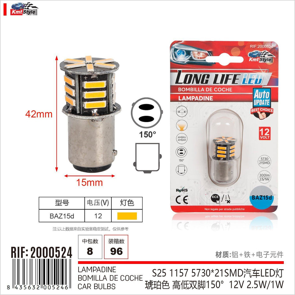 2pz Lampada Led BAZ15D S25 P21/4W 21 SMD 5730 12V 300lm 1W/2.5W Doppio