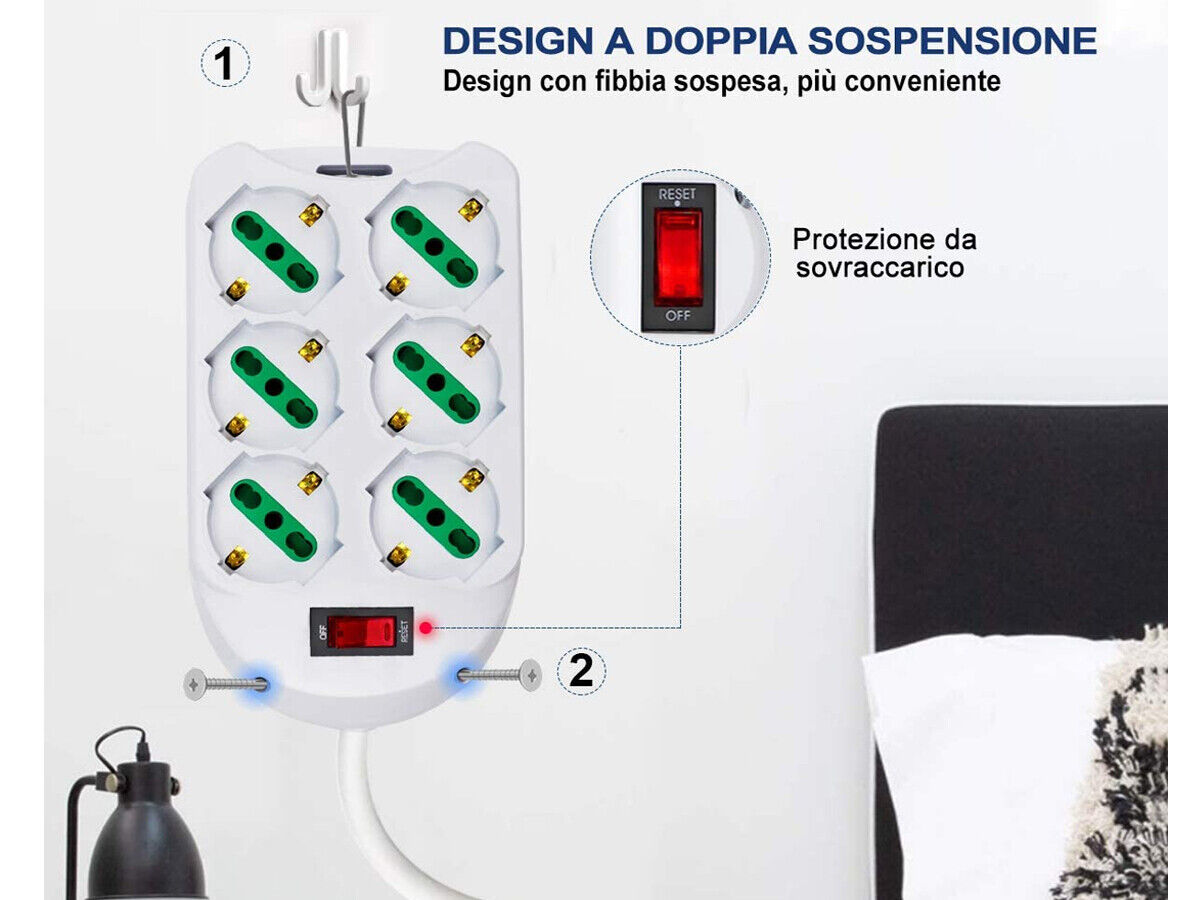 Multipresa Ciabatta Elettrica Con 6 Prese Schuko 10/16A Interruttore Spina 10A