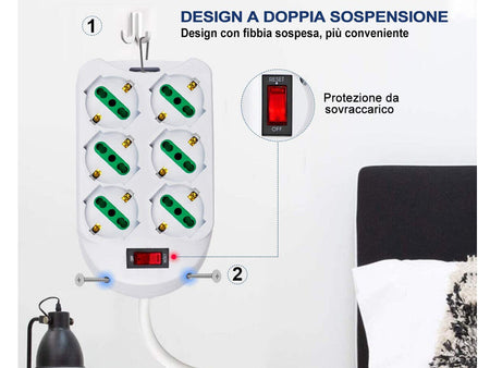 Multipresa Ciabatta Elettrica Con 6 Prese Schuko 10/16A Interruttore Spina 10A
