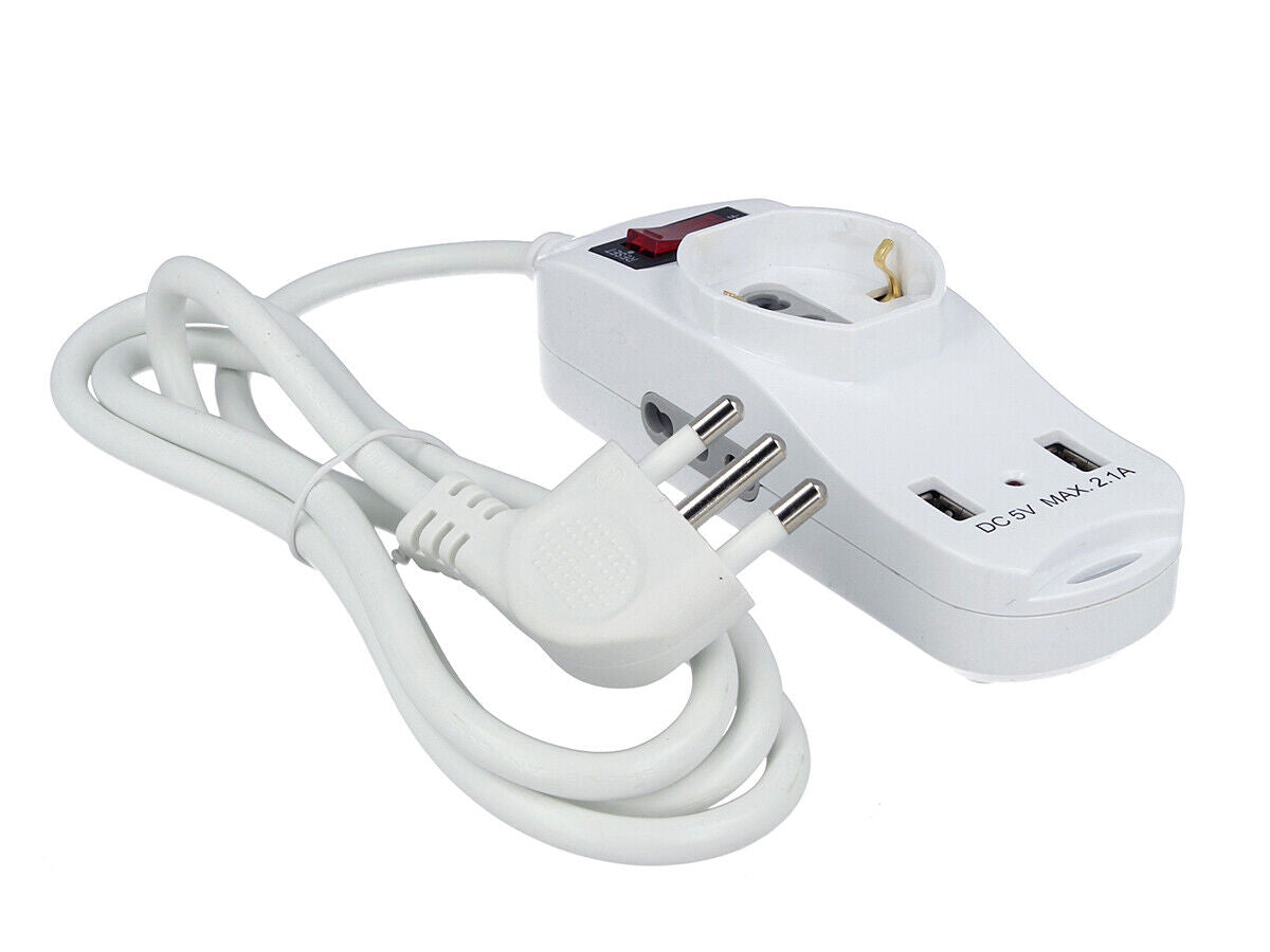 Multipresa Ciabatta Elettrica Spina Con 2 USB 2.1A Cavo 1.5 Metri Spina 16A 2 P