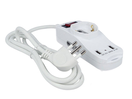 Multipresa Ciabatta Elettrica Spina Con 2 USB 2.1A Cavo 1.5 Metri Spina 16A 2 P