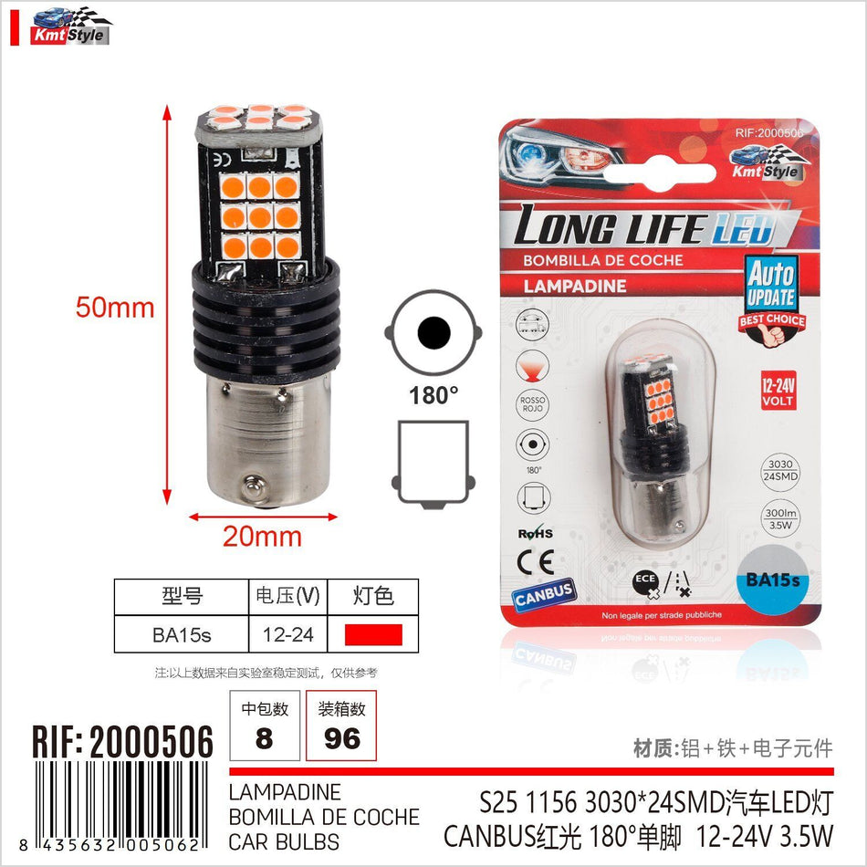 2 Pezzi Lampada Led BA15s S25 P21W R10W 24 SMD 3030 12V 24V 300lm 3.5W Luce
