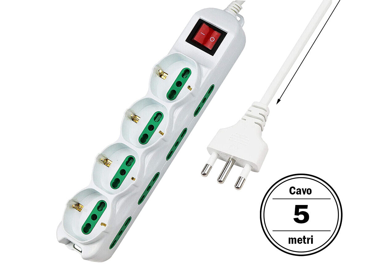 Multipresa Ciabatta Elettrica Cavo 5M Con 12 Posti 4 Prese Schuko 10/16A + 8 Pr