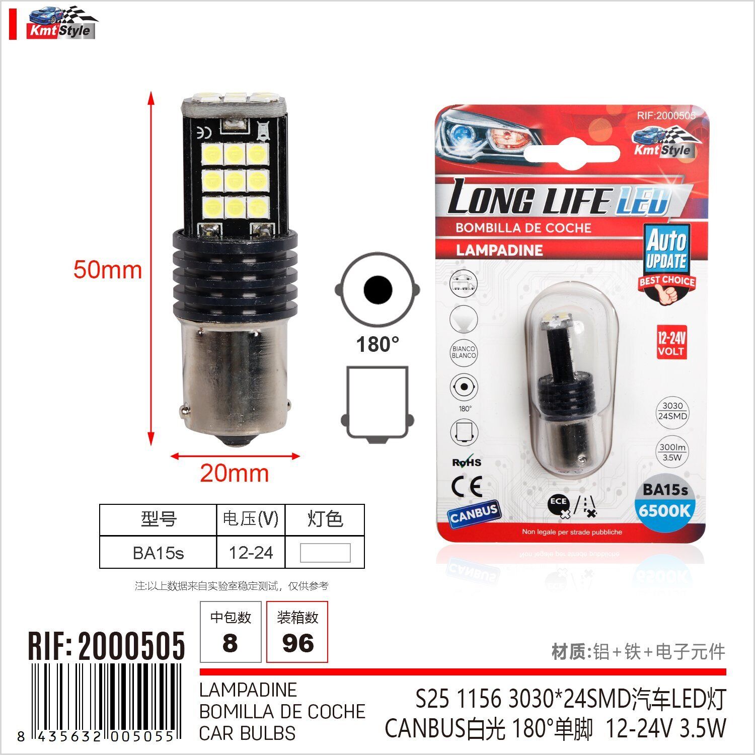 2 Pezzi Lampada Led BA15s S25 P21W R10W 24 SMD 3030 12V 24V 300lm 3.5W Bianco