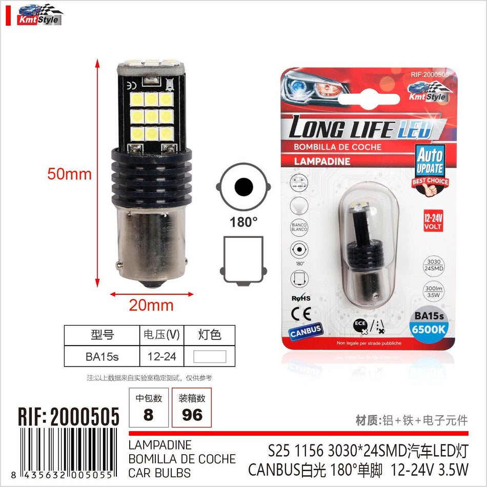 2 Pezzi Lampada Led BA15s S25 P21W R10W 24 SMD 3030 12V 24V 300lm 3.5W Bianco