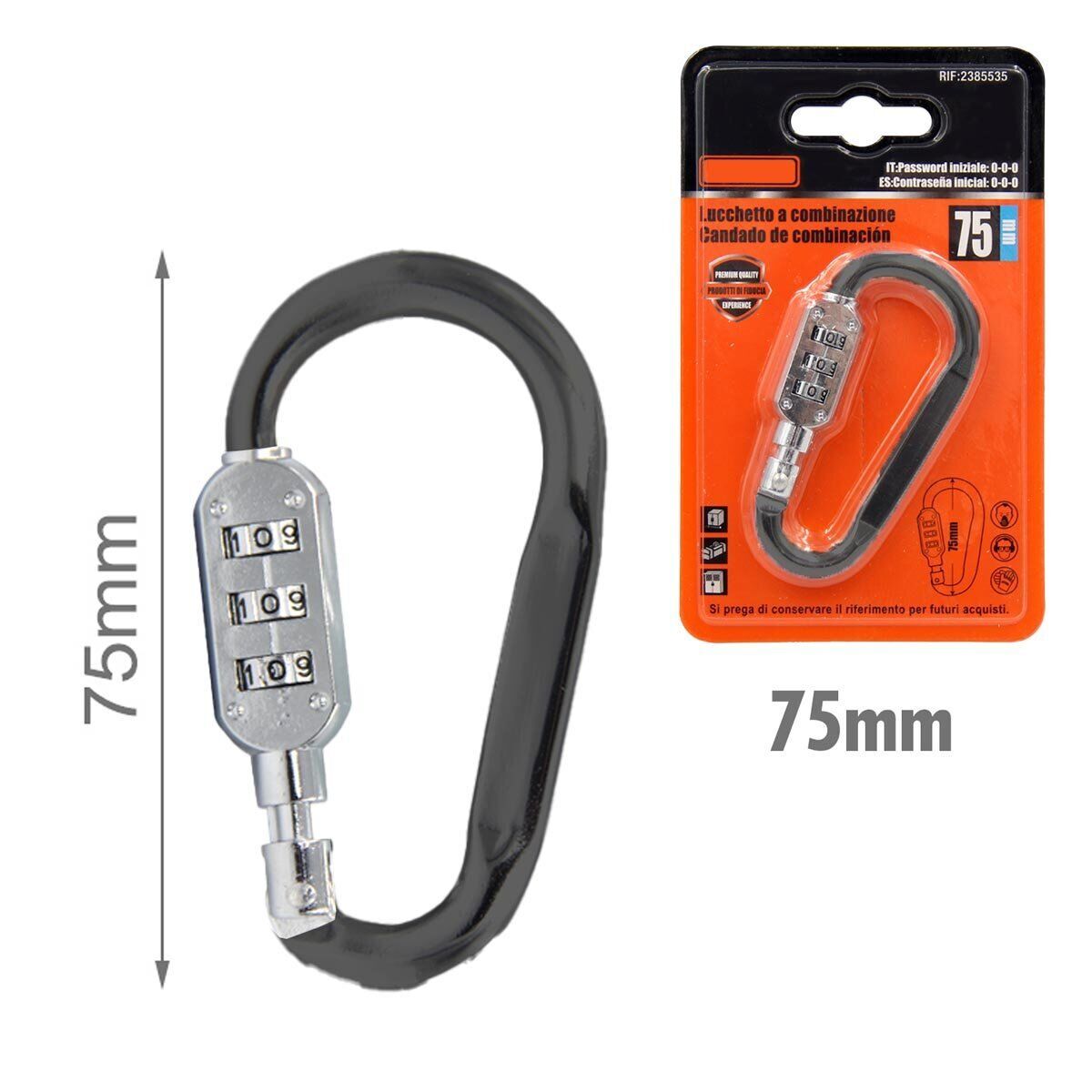 Moschettone di Alluminio Forma D Portachiave con Lucchetto a Combinazione 75mm