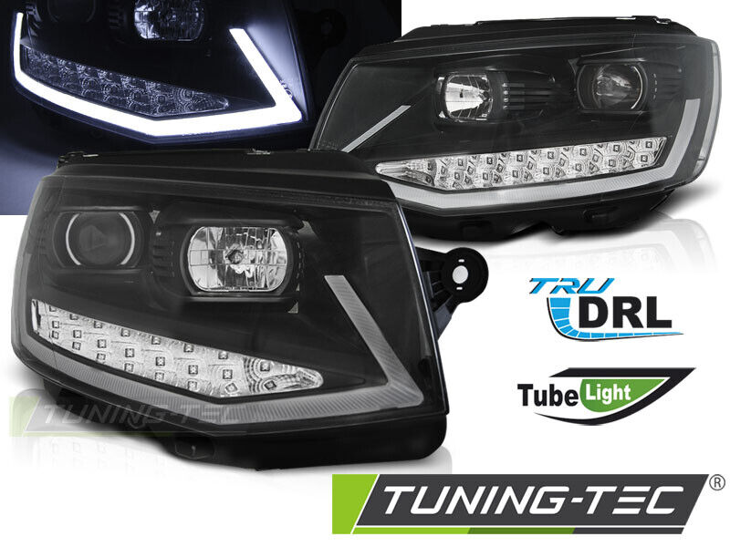 Coppia Fari fanali Anteriori Tuning TRANSPORTER T6 15- Neri DRL Solo Per H4 OEM