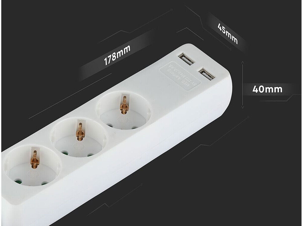 Multipresa Ciabatta Elettrica Con 2 USB e 3 Posti Schuko 10A Cavo Lungo 1,5