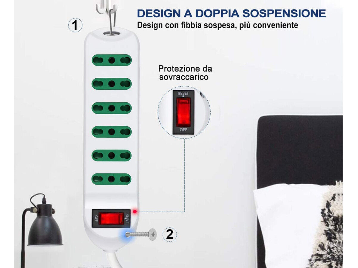 Multipresa Ciabatta Elettrica Cavo 5M Con 6 Posti Prese Bipasso 10/16A 2P+T Int