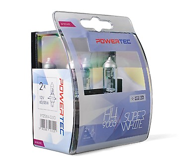 Coppia Lampade Lampadine PowerTec H4 55W 12v SUPERWHITE Bianche +100% ALOGENE
