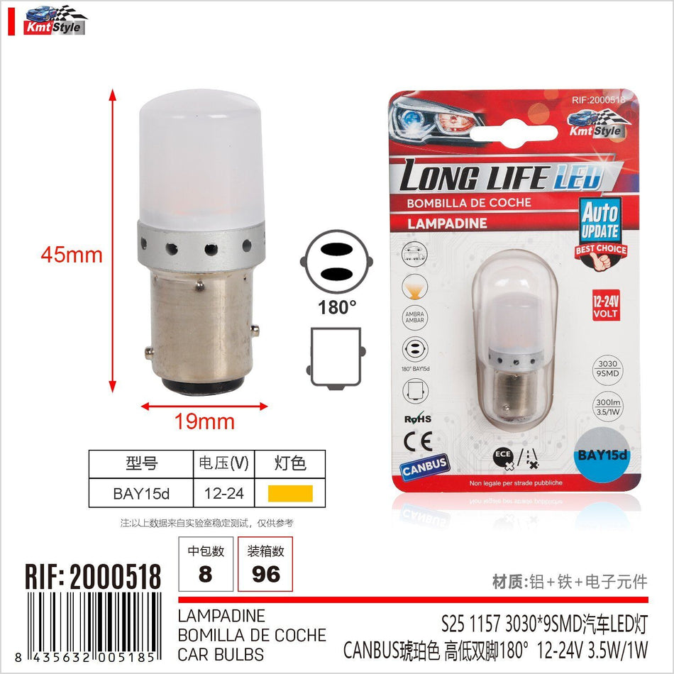 2pz Lampada Led BAY15D S25 P21/W 9 SMD 3030 12V 24V 300lm 1W/3.5W Doppio