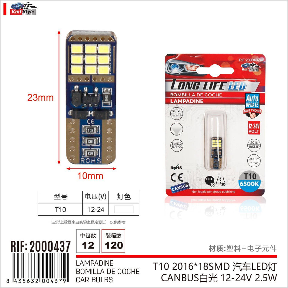 8 Pezzi Lampada Led T10 18 SMD 2016 12-24V 2.5W 300lm Bianco Freddo 6500K