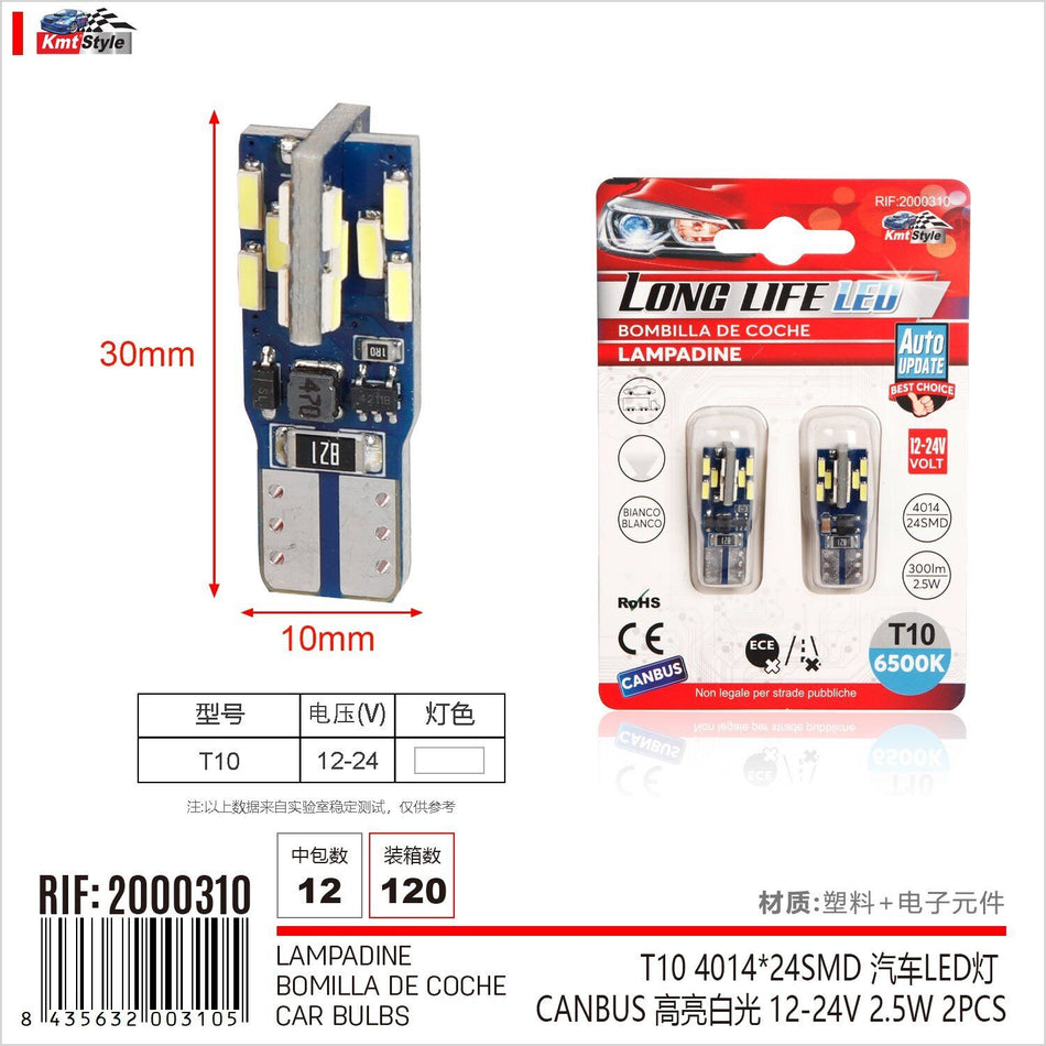 8 Pezzi Lampada Led T10 24 SMD 4014 12V 24V 2.5W 300lm Bianco Freddo 6500K