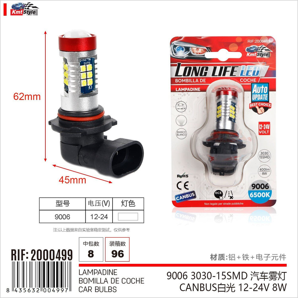 2 Pezzi Lampada Led HB4 9006 12-24V 15 SMD 3030 400lm 8W Bianco Freddo per