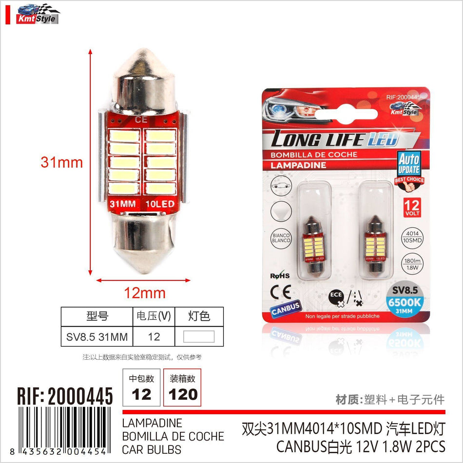 8 Pezzi Lampada Led Siluro SV8.5 C5W C10W 10 SMD 4014 12V 1.8W 180lm Bianco