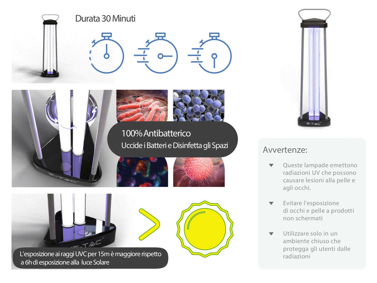 LAMPADA GERMICIDA RAGGI UV DISINFEZIONE OZONO CONTRO BATTERI VIRUS FINO A 60 MQ