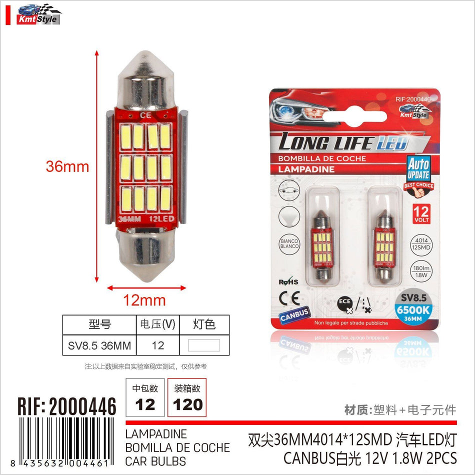 8 Pezzi Lampada Led Siluro SV8.5 C5W C10W 12 SMD 4014 12V 1.8W 180lm Bianco