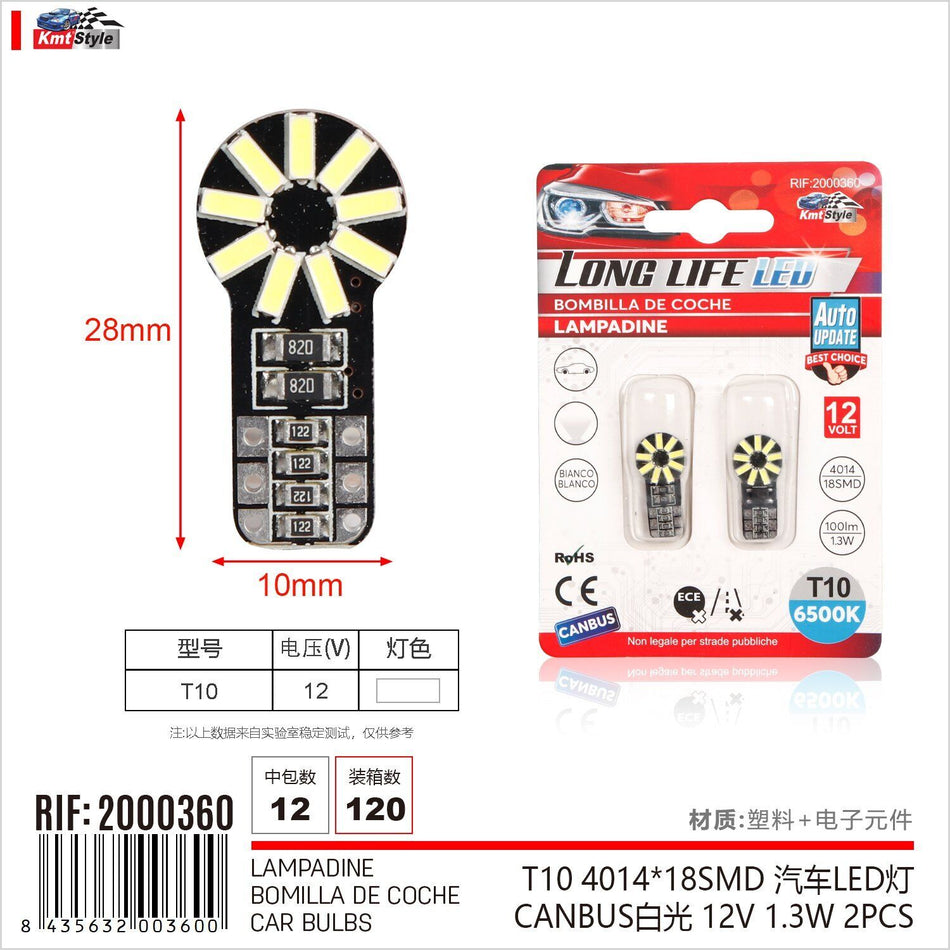 8 Pezzi Lampada Led T10 18 SMD 4014 12V 1.3W 100lm Bianco Freddo 6500K