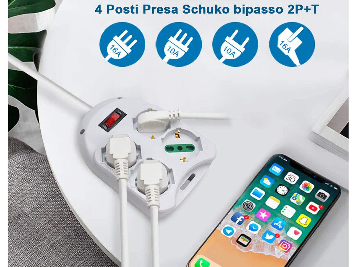 Multipresa Ciabatta Elettrica Con 4 Prese Schuko 10/16A Interruttore Spina 10A
