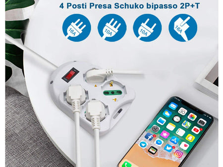Multipresa Ciabatta Elettrica Con 4 Prese Schuko 10/16A Interruttore Spina 10A