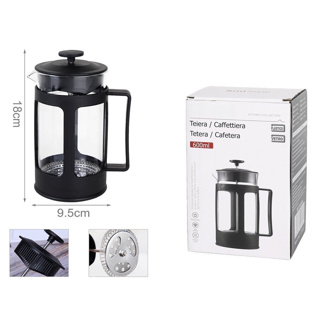 Caffettiera Teiera Termica a Doppia Parete con Filtro Manuale e Manico in Vetro