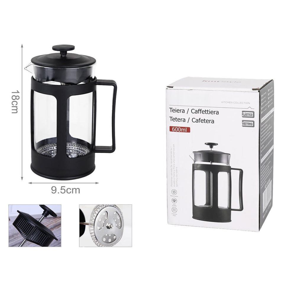 Caffettiera Teiera Termica a Doppia Parete con Filtro Manuale e Manico in Vetro