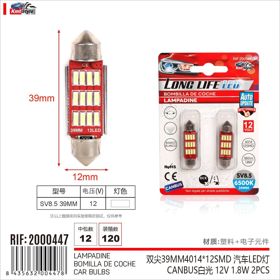 8 Pezzi Lampada Led Siluro SV8.5 C5W C10W 12 SMD 4014 12V 1.8W 180lm Bianco