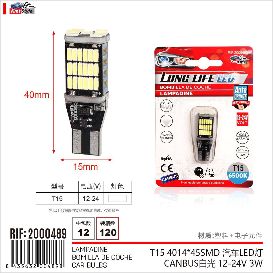4 Pezzi Lampada Led T15 W16W 45 SMD 4014 12-24V 300lm 3W Bianco 6400K Attacco
