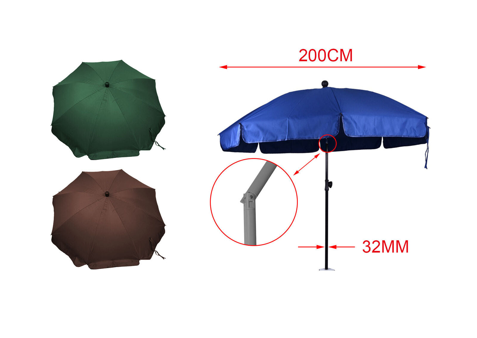 Ombrellone da Giardino Diametro 200cm Con Inclinazione Regolabile 8 Stecche