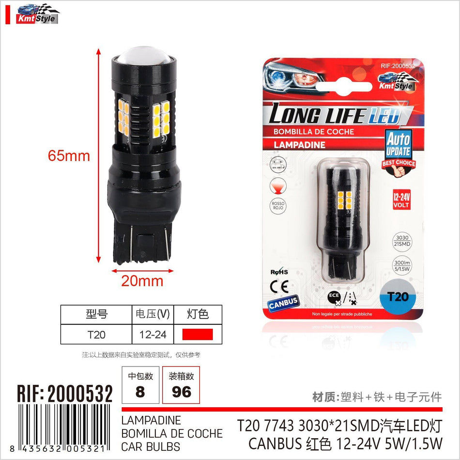 2 Pezzi Lampada Led T20 W21W 21 SMD 3030 12V 24V 300lm 5/1.5W Doppio Filamento