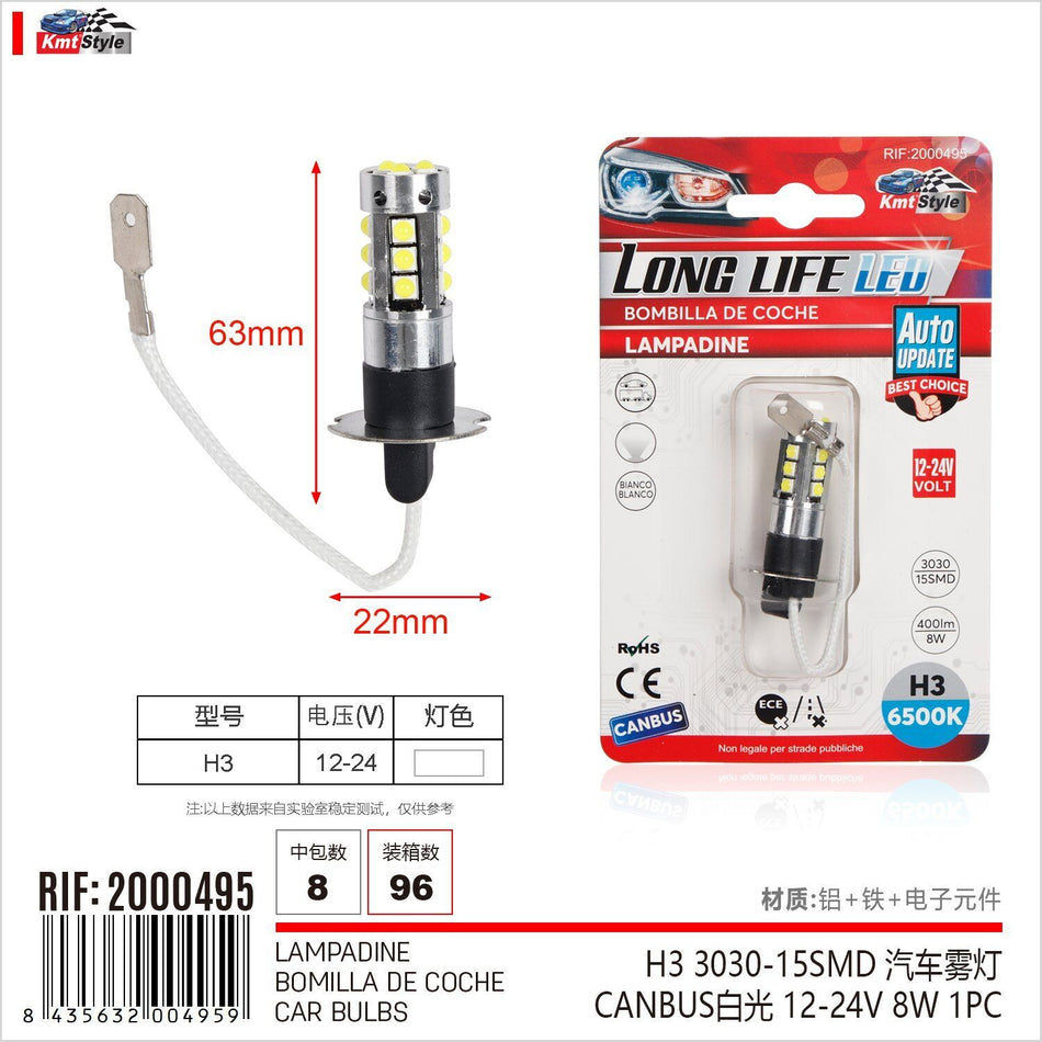 2 Pezzi Lampada Led H3 PK22s 12-24V 15 SMD 3030 400lm 8W Bianco Freddo per
