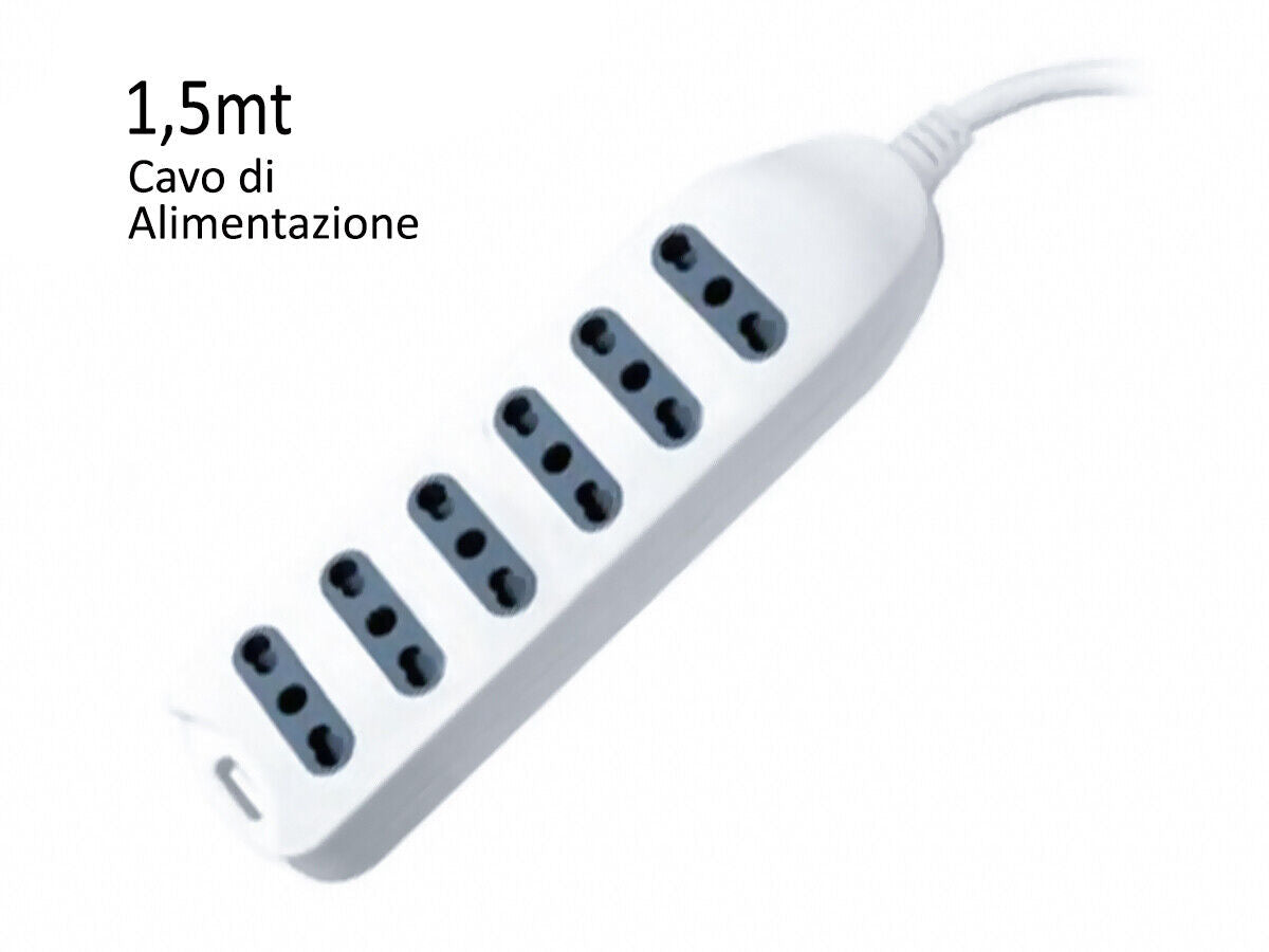 Multipresa Ciabatta Elettrica 6 Posti Prese Bipasso 10/16A Cavo Lunga 1,5 Metri