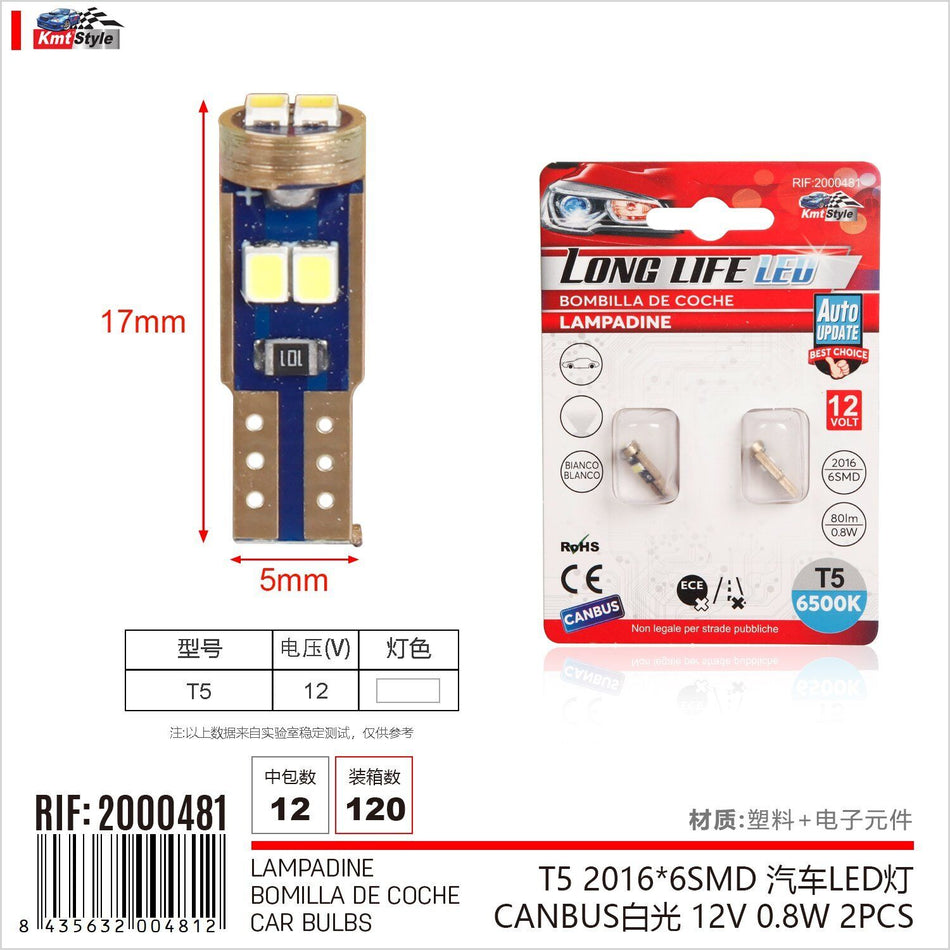 8 Pezzi Lampada Led T5 W2X4.6D W1,2W W3W 6 SMD 2016 12V 80lm 0.8W Luce Bianco