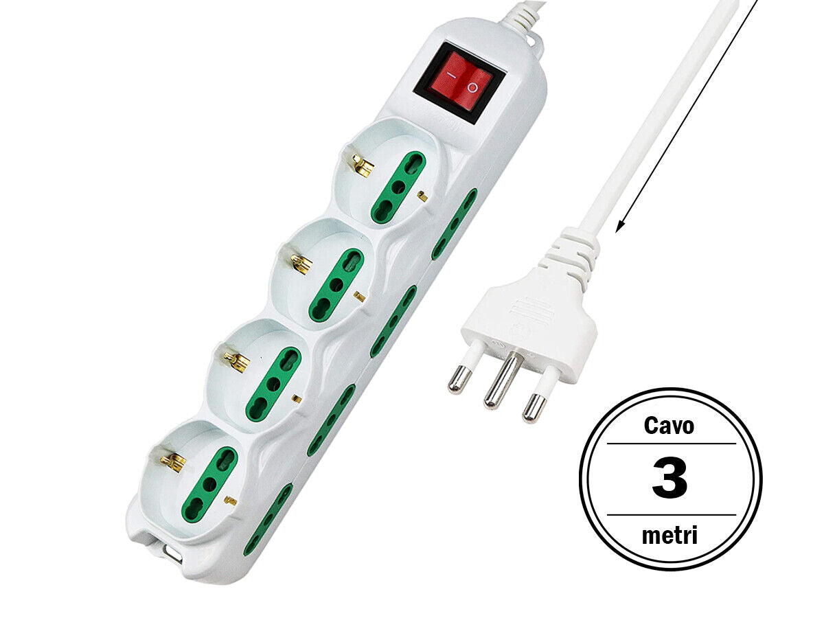 Multipresa Ciabatta Elettrica Cavo 1.5M Con 12 Posti 4 Prese Schuko 10/16A + 8
