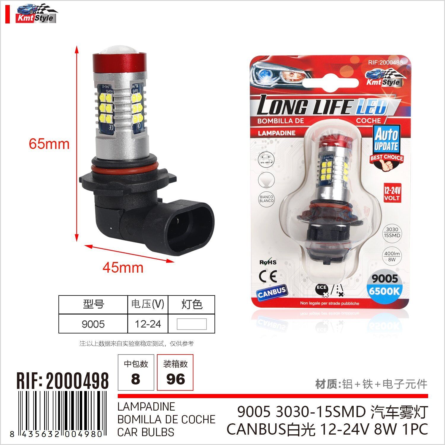 2 Pezzi Lampada Led HB3 9005 12-24V 15 SMD 3030 400lm 8W Bianco Freddo per