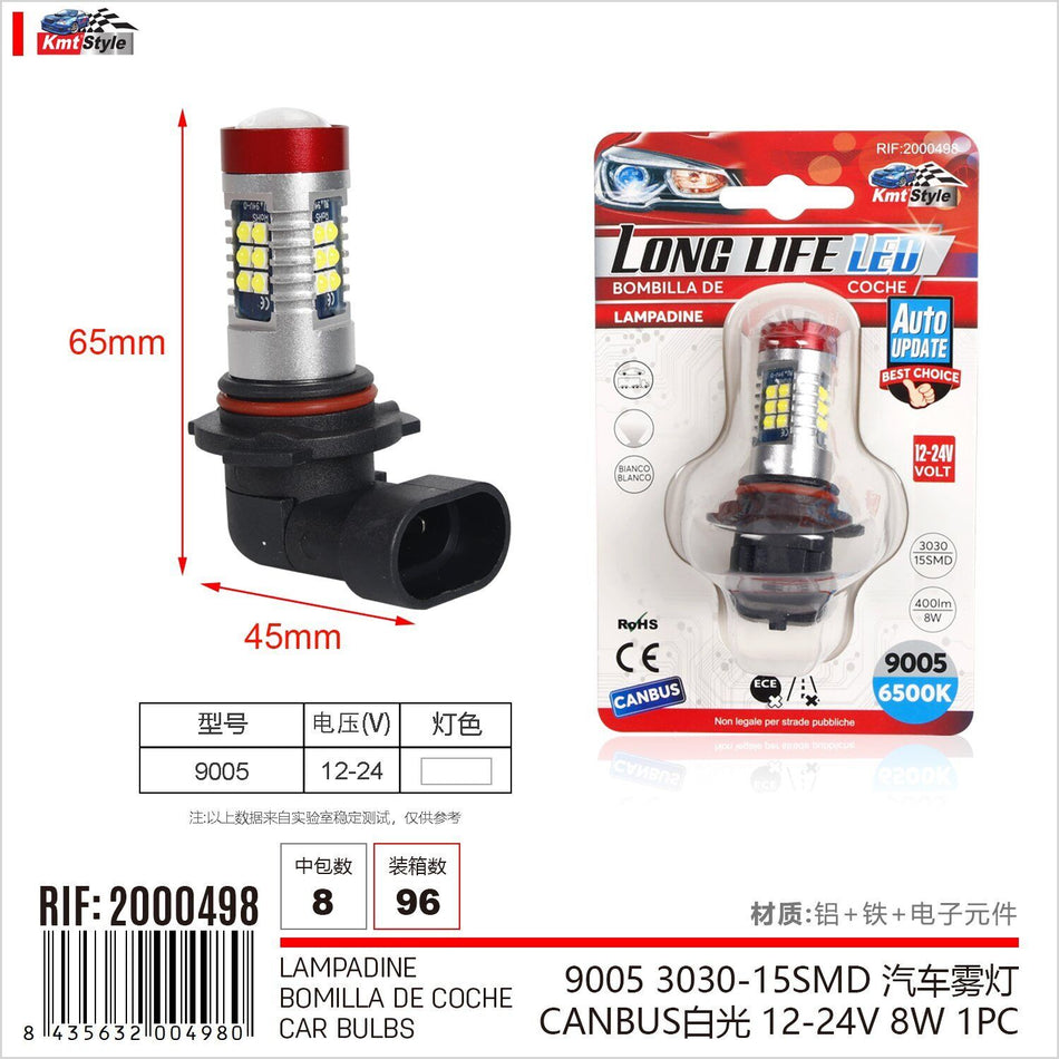 2 Pezzi Lampada Led HB3 9005 12-24V 15 SMD 3030 400lm 8W Bianco Freddo per