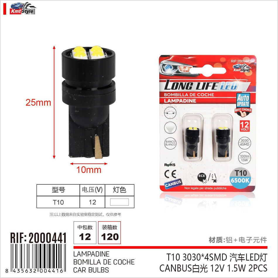8 Pezzi Lampada Led T10 4 SMD 3030 12V 1.5W 100lm Bianco Freddo 6500K