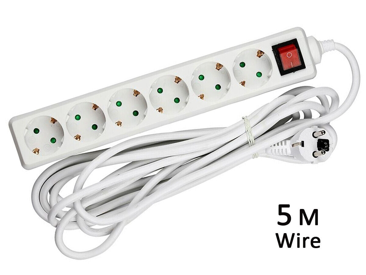 Multipresa Ciabatta Elettrica 6 Posti Schuko Spina Tipo Ibrido F + E Cavo Lunga