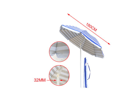 Ombrellone da Spiaggia Diametro 180cm Inclinabile Regolabile Palo 32mm